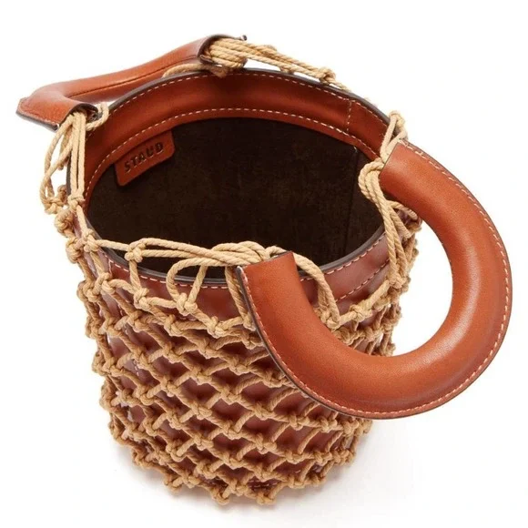 SOLD- Staud Mareau Cage Bucket Bag Brown Leather Tan Rope Net Double Handle - Picture 5 of 12